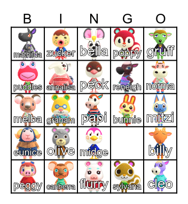 Animal Crossing Villager Hunt Bingo Card
