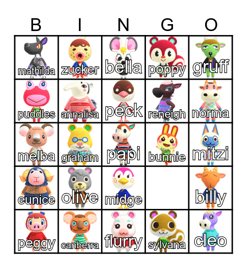Animal Crossing Villager Hunt Bingo Card