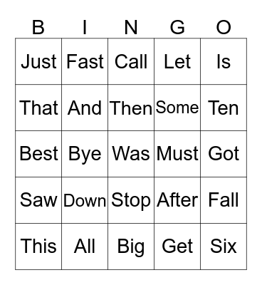 SIGHT WORD BINGO Card