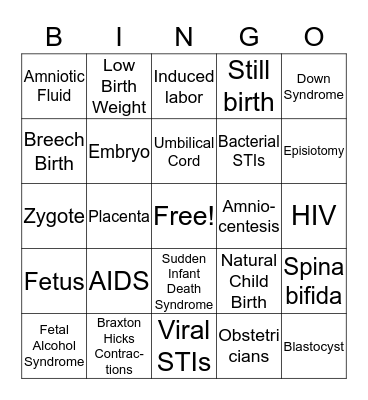 Prenatal Vocabulary Bingo Card