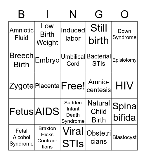 Prenatal Vocabulary Bingo Card