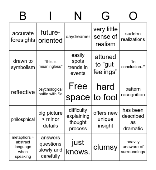 Introverted Intuition - MBTI Bingo Card