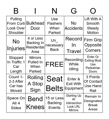 Safety Challenge Bingo Card