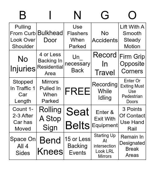 Safety Challenge Bingo Card