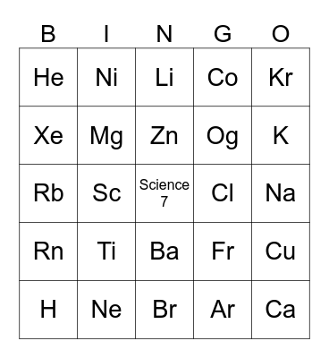 Science Periodic Table Bingo Card