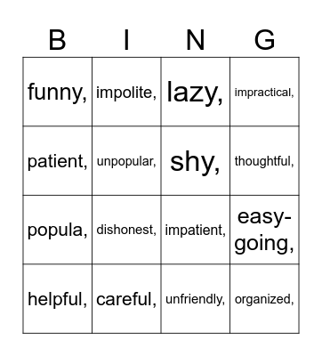 Personality adjectives Bingo Card