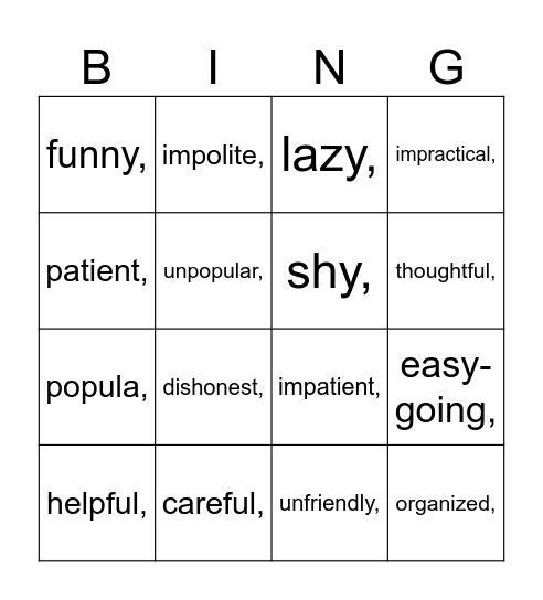 Personality adjectives Bingo Card