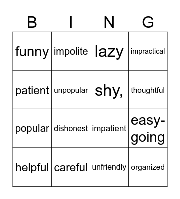 Personality adjectives Bingo Card