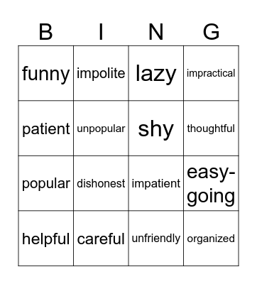 Personality adjectives Bingo Card
