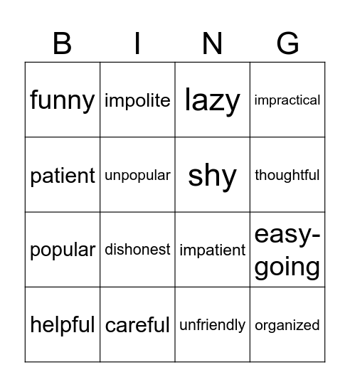 Personality adjectives Bingo Card