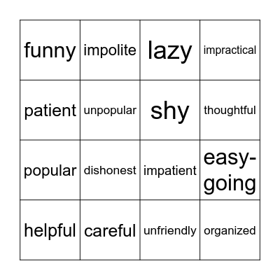 Personality adjectives Bingo Card