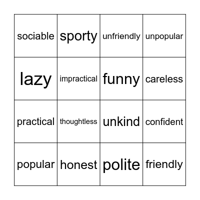 Personality adjectives Bingo Card
