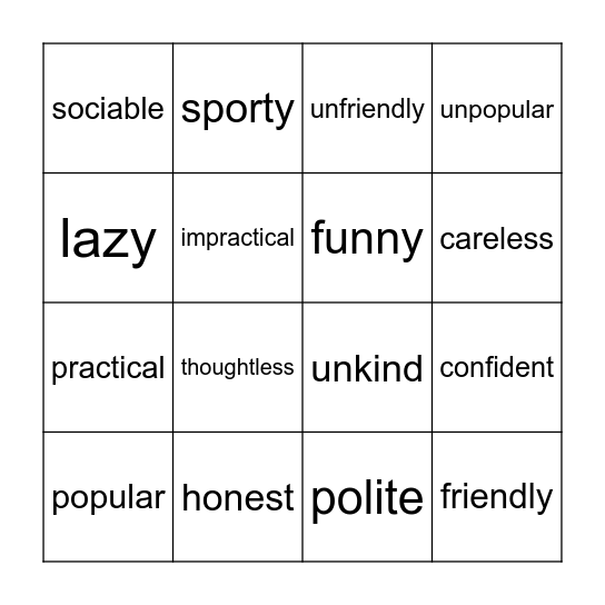 Personality adjectives Bingo Card