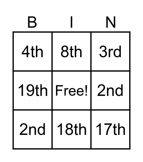 Ordinal Numbers Bingo Card