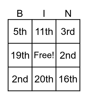 Ordinal Numbers Bingo Card