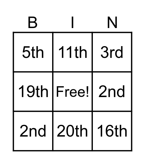 Ordinal Numbers Bingo Card