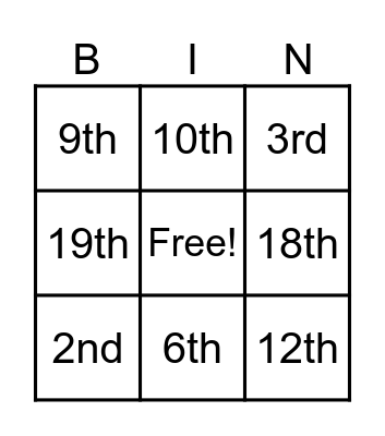 Ordinal Numbers Bingo Card