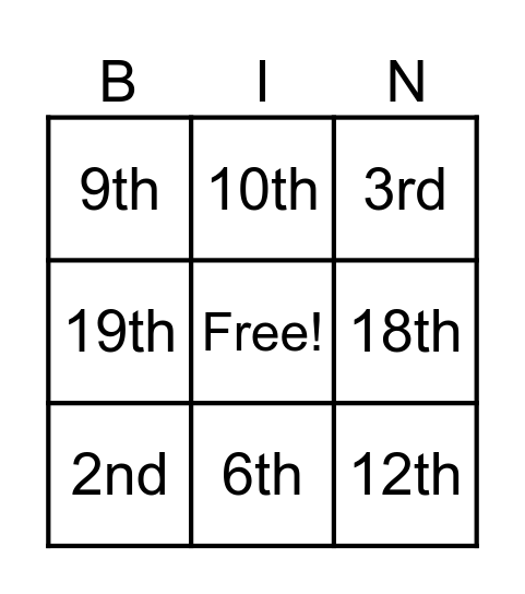 Ordinal Numbers Bingo Card