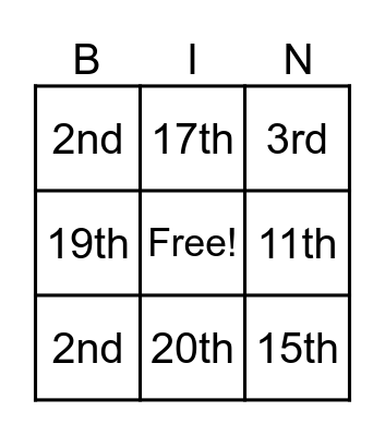 Ordinal Numbers Bingo Card