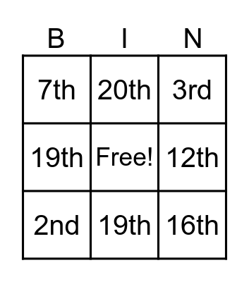Ordinal Numbers Bingo Card