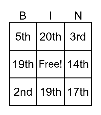 Ordinal Numbers Bingo Card