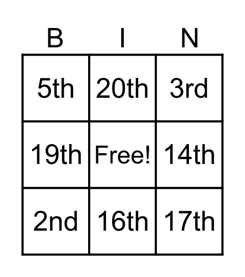 Ordinal Numbers Bingo Card