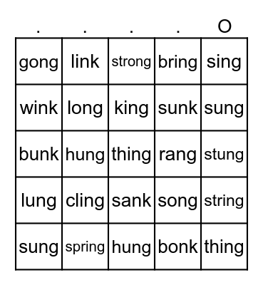 Words with -ng Glued Sounds Bingo Card