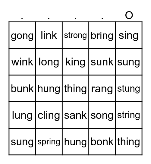 Words with -ng Glued Sounds Bingo Card