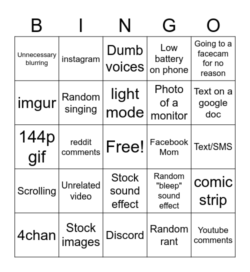 Subreddit commentator bingo Card