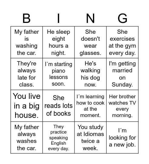 Present Simple vs Present Continuous Bingo Card