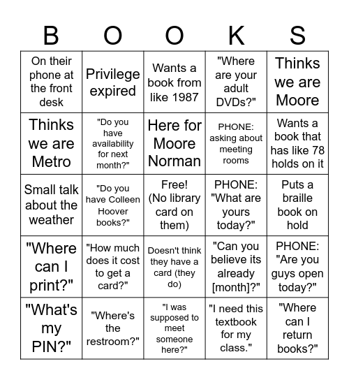 Library Customer Service Bingo Card