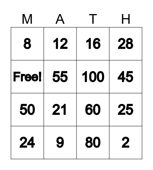 Times Table Bingo Card