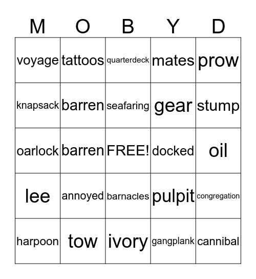 Moby Dick Bingo Card