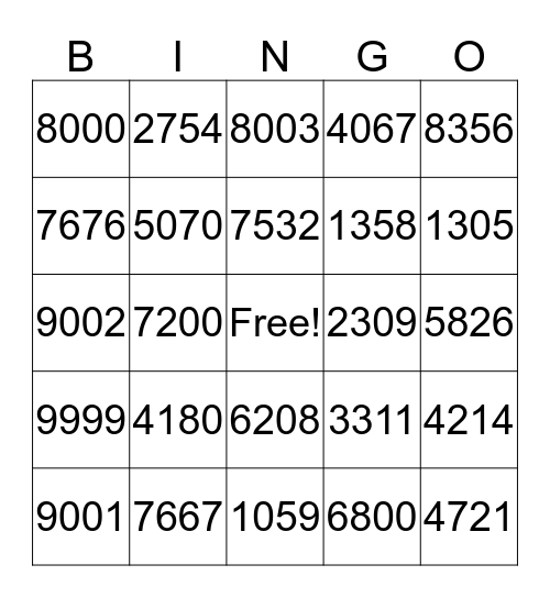 4-Digit Bingo Card