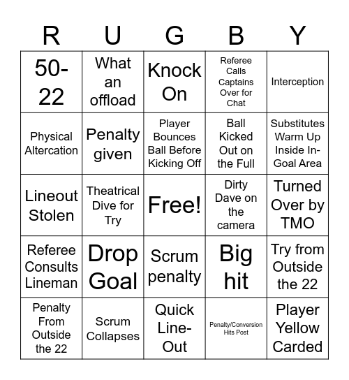 Rugby BS Bingo Card