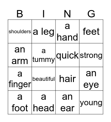 Parts of Body, Adjectives Bingo Card
