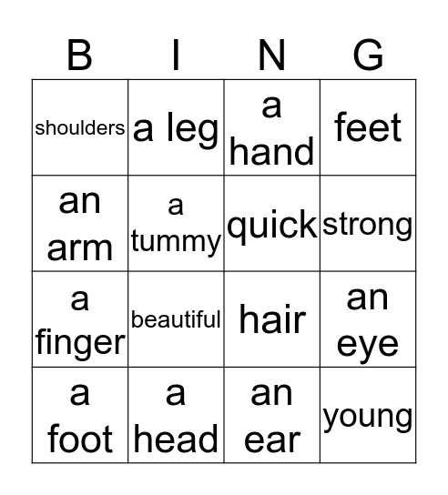 Parts of Body, Adjectives Bingo Card