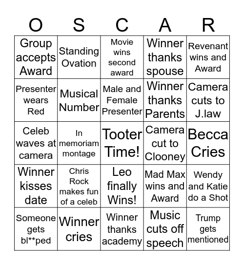OSCAR BINGO 2016 Bingo Card
