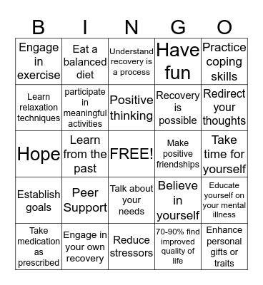 Wellness and Recovery Bingo Card