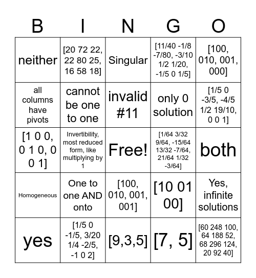 Matricies Bingo Card