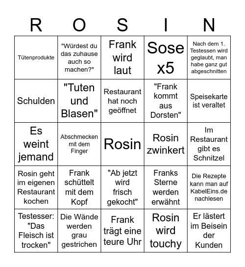 Rosins Restaurants Bingo Card