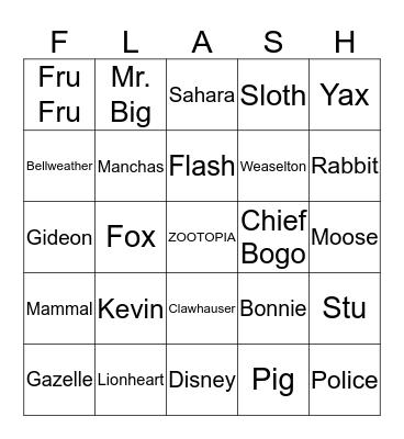 ZOOTOPIA Bingo Card