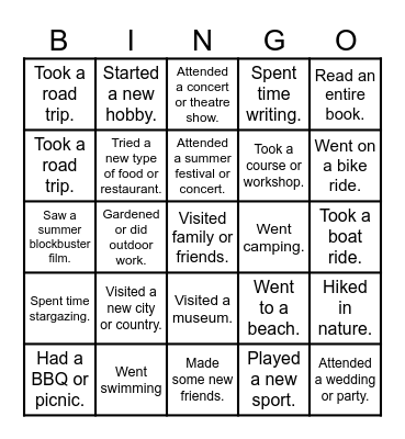 Summer Holiday Bingo Card