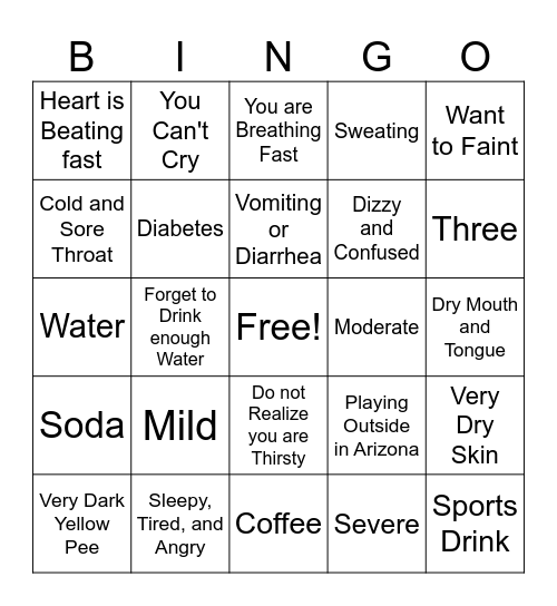 Dehydration Bingo Card