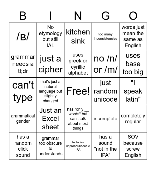 Conlang Bingo Card