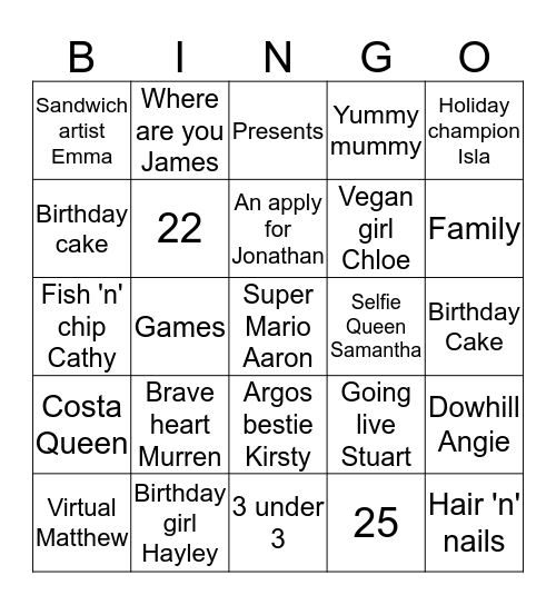 Hayley's Birthday Bingo Card
