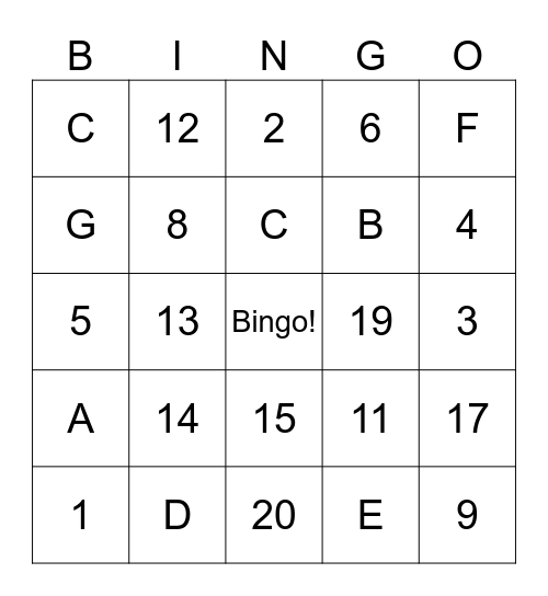 Numbers to 20 And The Alphabet( A-H Only) Bingo Card