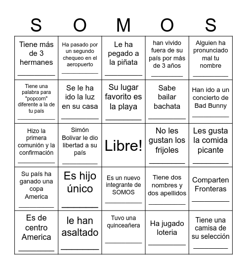 SOMOS affinity Bingo Card