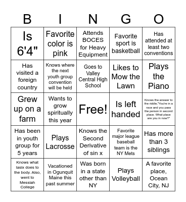 Youth Group Kickoff 2023-2024 Bingo Card