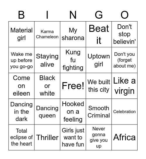 Music Bingo: 80's Bingo Card